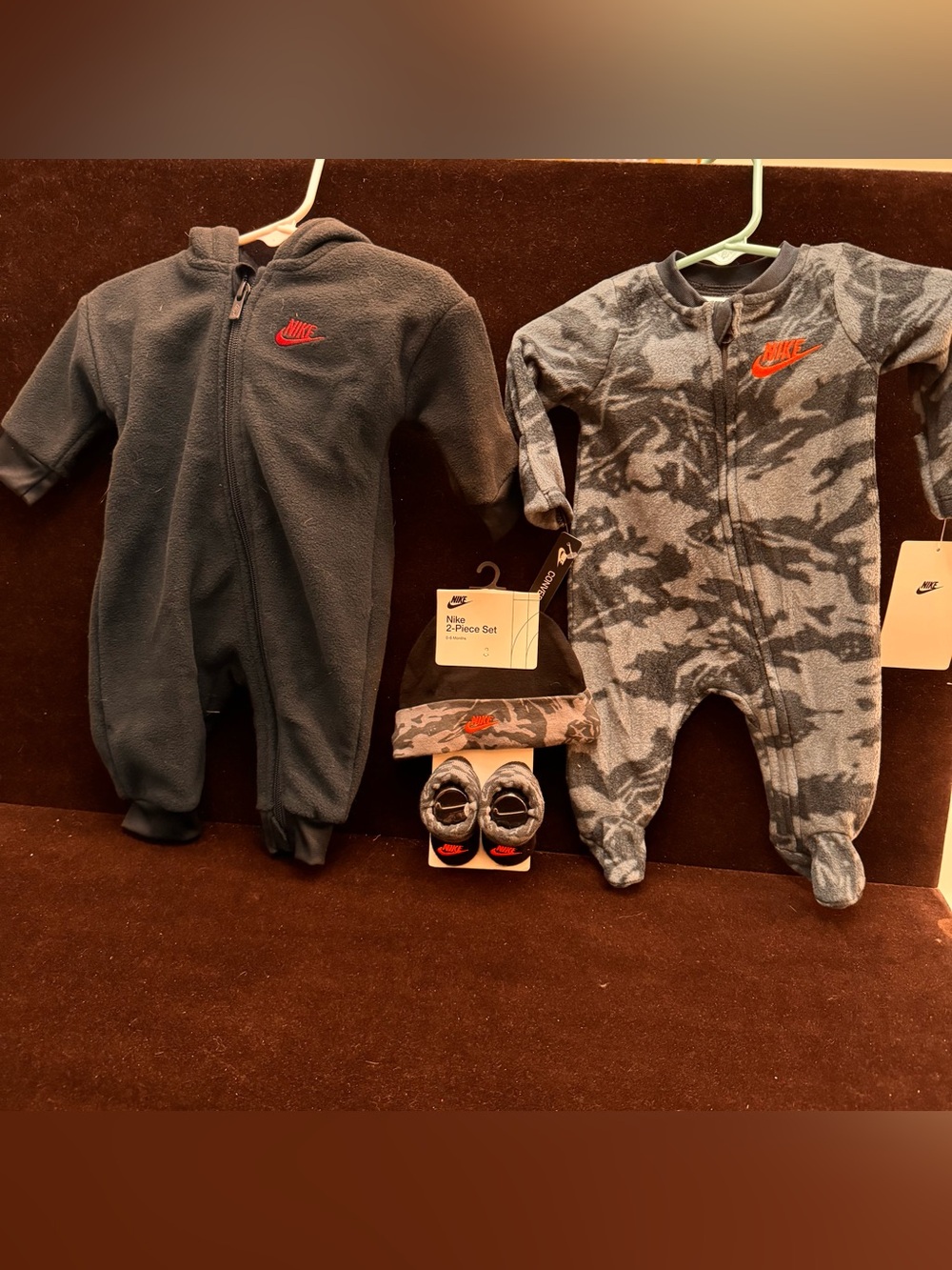 Nike with Orange Swoosh Gray Camo & black Baby Footie with Hat/Socks set